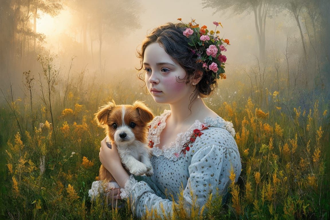 Foggy Meadow Scene with Woman and Puppy