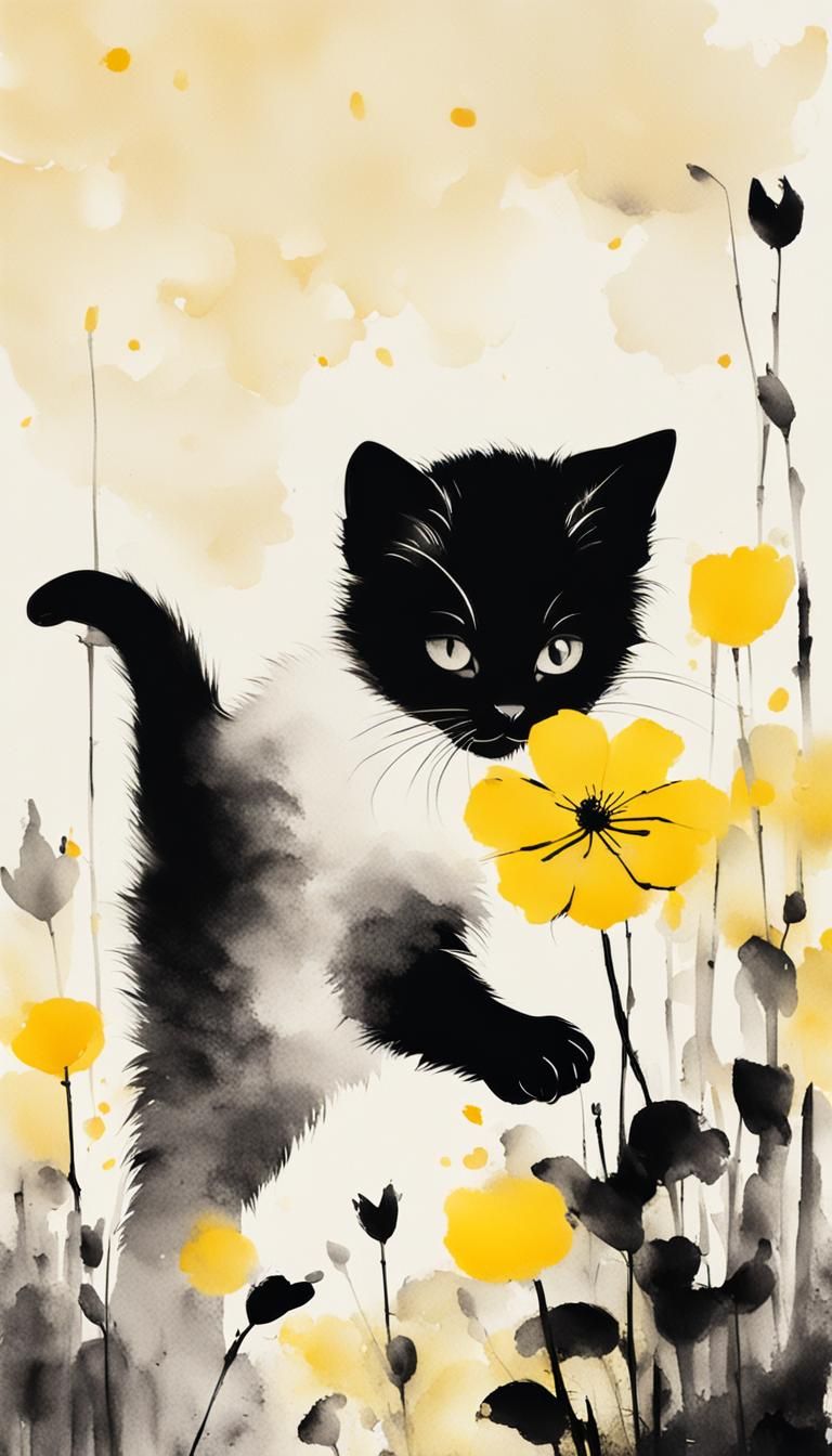Minimalist Kitten Playing in Flower Garden