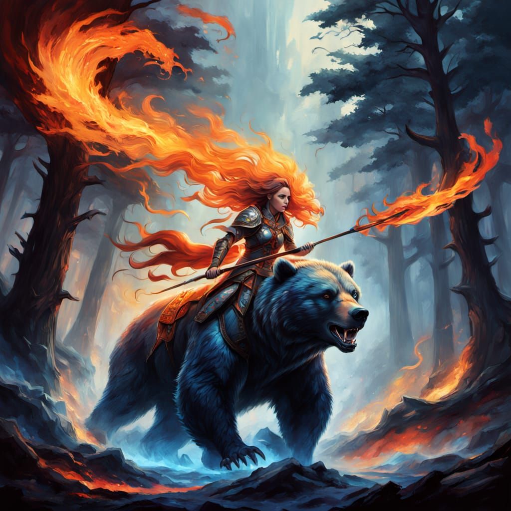 Warrior Woman Riding Blazing Bear in Hyperrealistic Flames