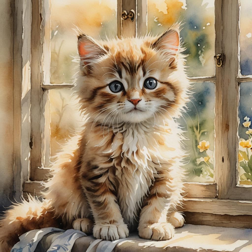 Watercolor Kitten by Window in Beatrix Potter Style