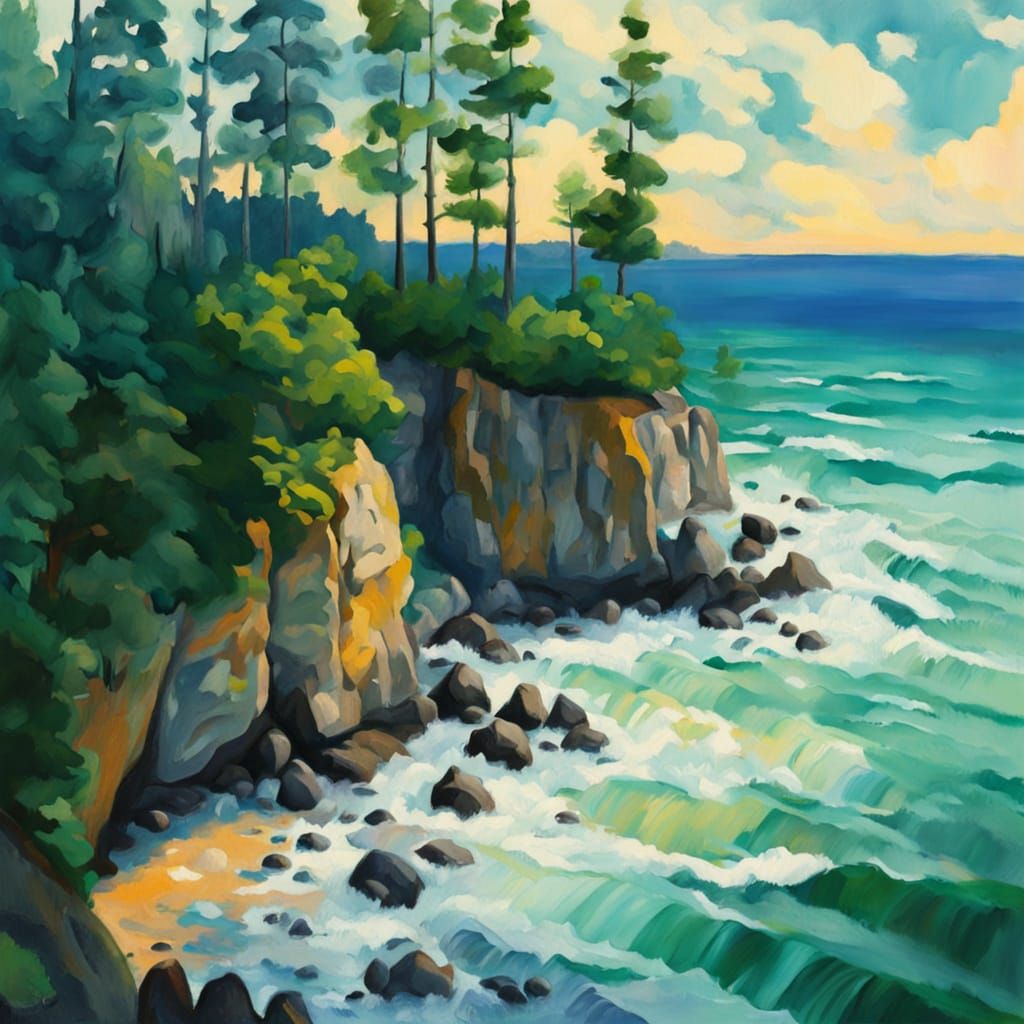 Gouache Panorama: Forest Meets Sea Near Cliffs