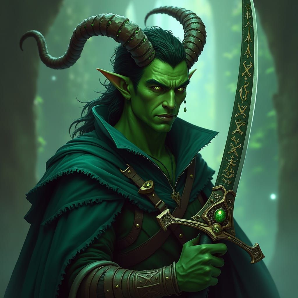 Majestic Male Tiefling Rogue with Emerald Eyes and Mystical....
