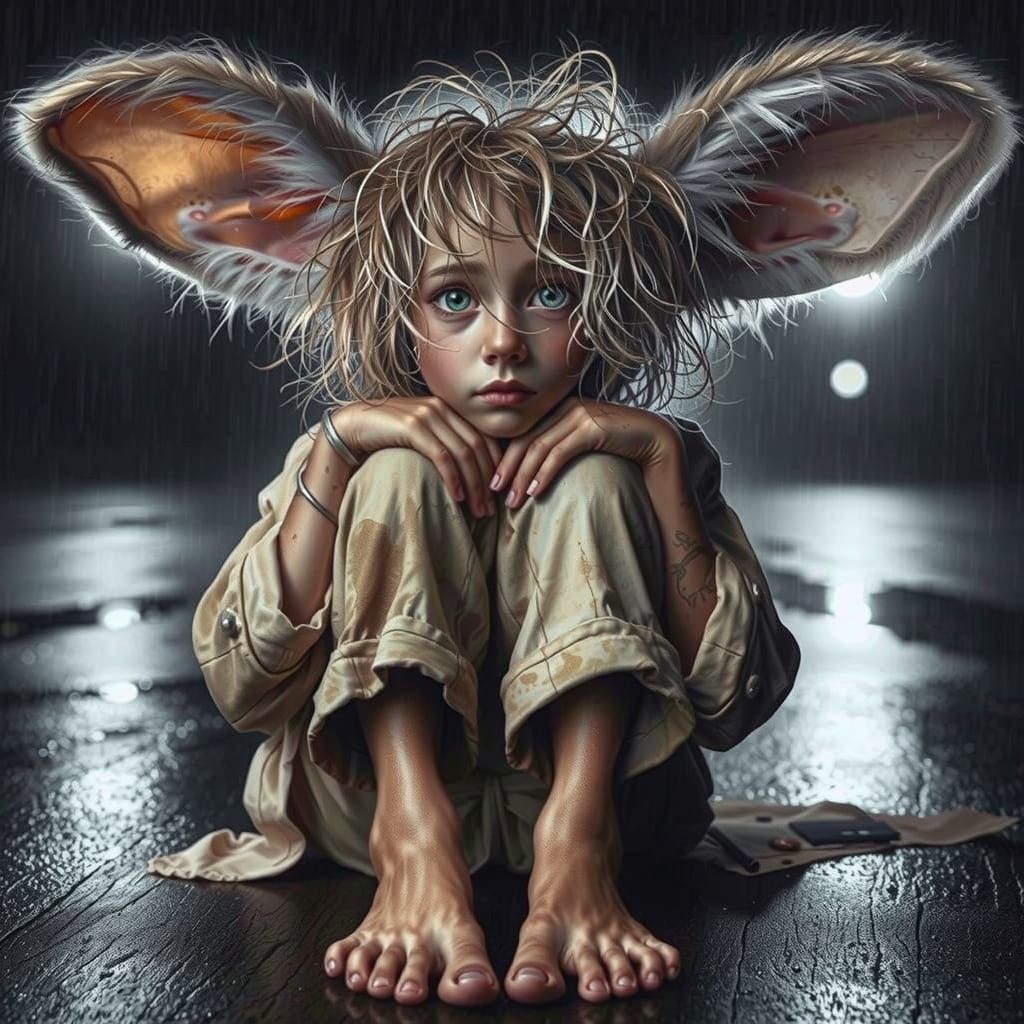 Whimsical Melancholy Bunny in a Forgotten Meadow