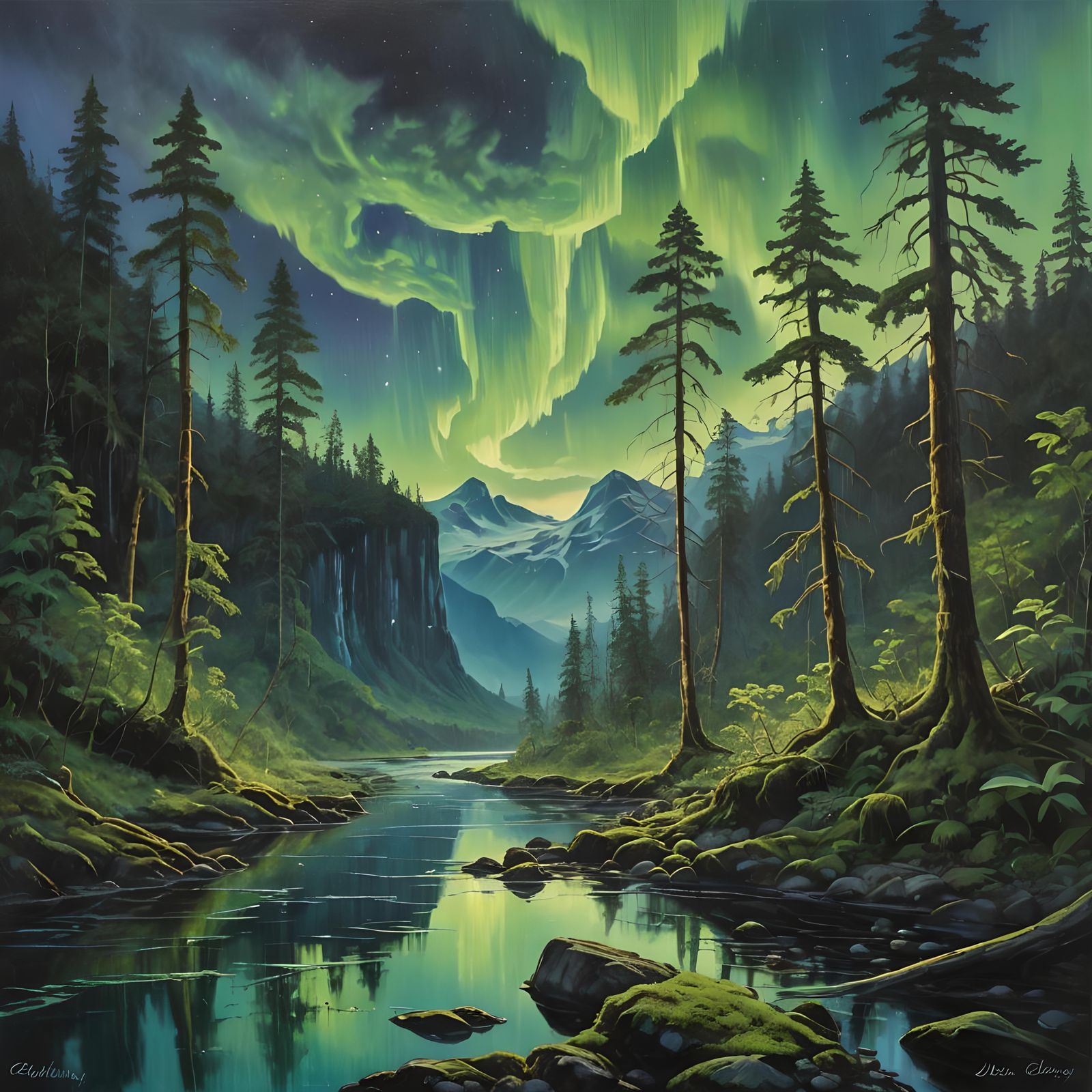 Elf in Rainforest with Northern Lights: Oil Painting