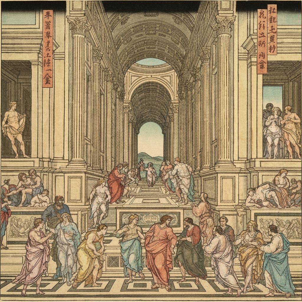 In ukiyo-e style woodblock The School of Athens (Italian: Sc...