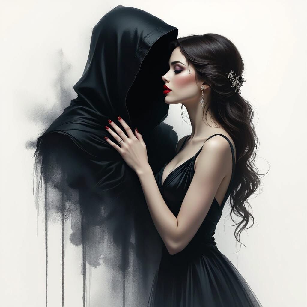 Woman Kisses Shadowy Figure in Digital Art Style