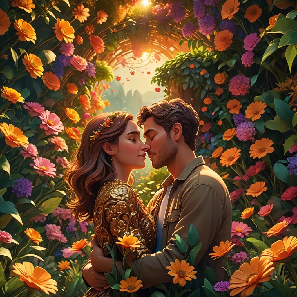 Loving Embrace in Lush Garden: 3D Digital Art