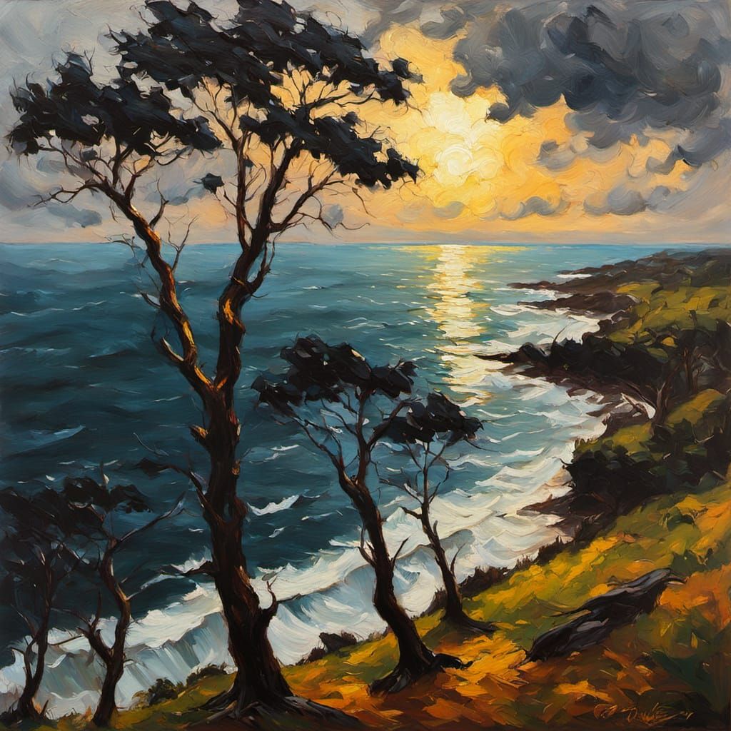 Moody Tree Silhouettes in Impressionist Oil Painting