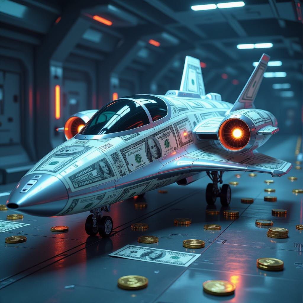 Futuristic Spaceship Made of Money in Metallic Style