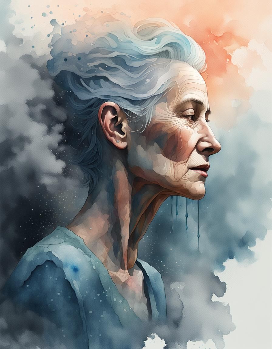 Watercolor Portrait: Woman Evaporating into Mist