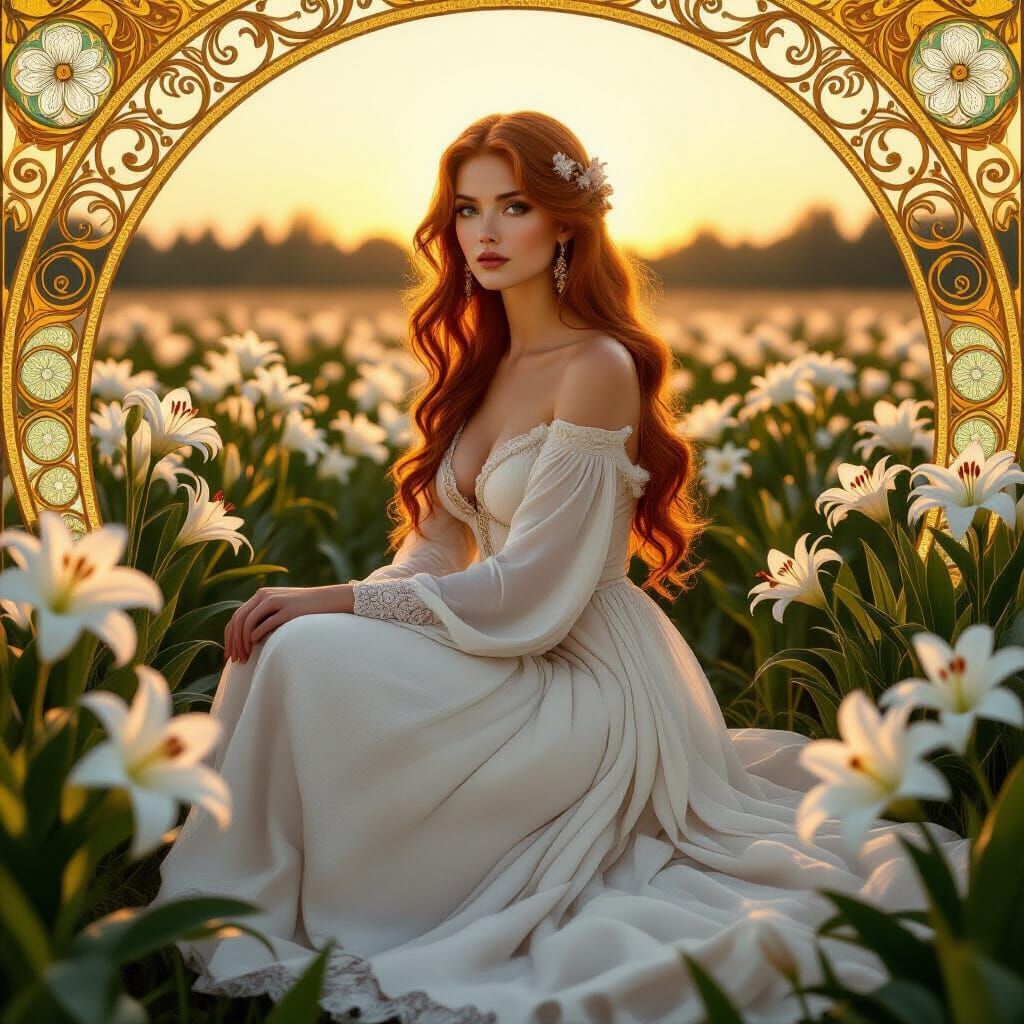 Art Nouveau Woman in Lily Field at Sunrise