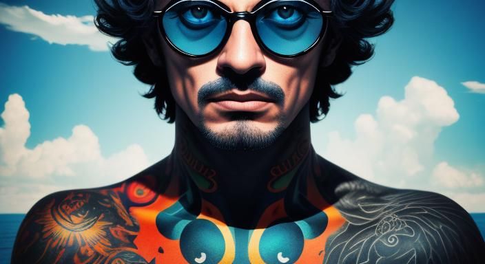 Surreal Tattooed Man in Clouds, Mixed Media Art