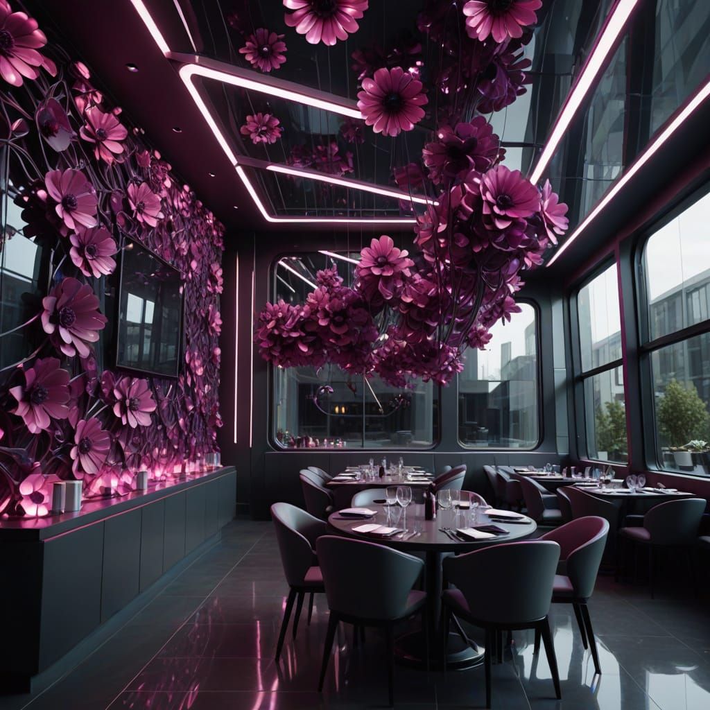 Futuristic Restaurant with Magenta Floral Walls