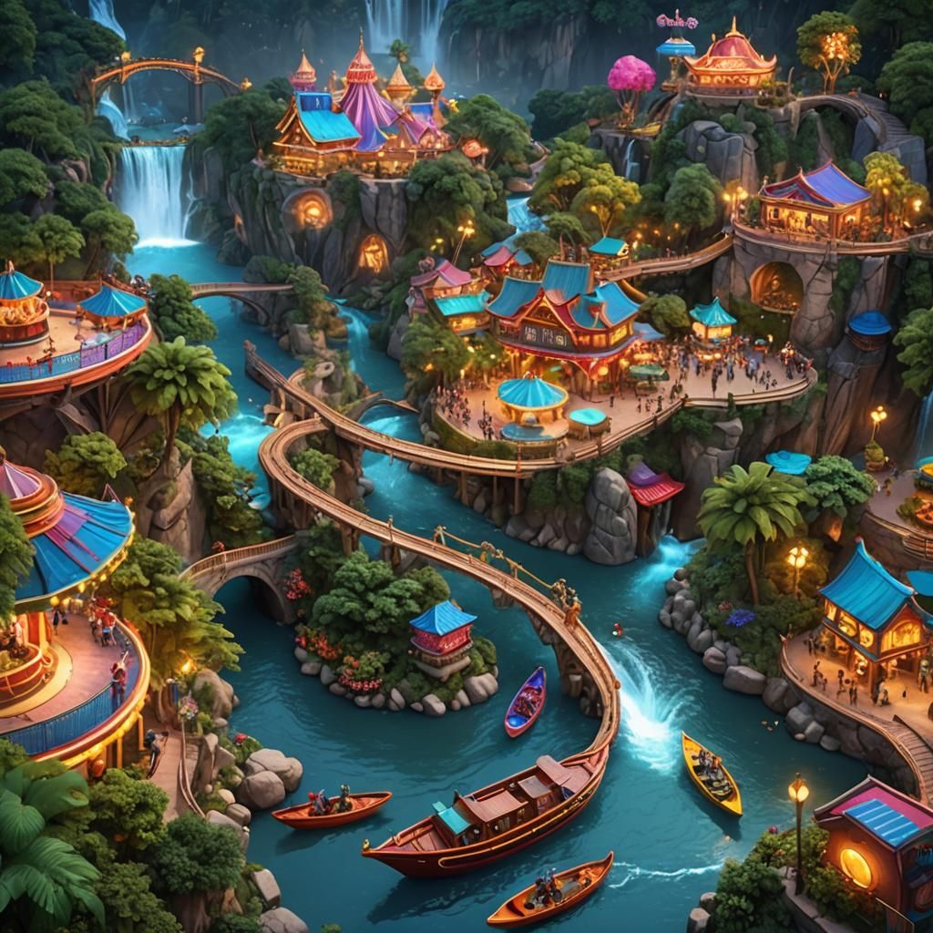 Vibrant Amusement Park with River in Matte Painting Style