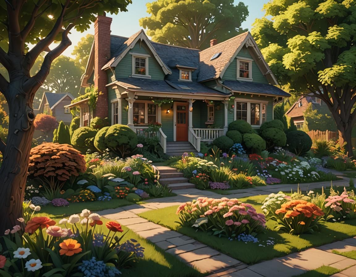 Cozy Suburban Home with Blooming Garden in Hyperrealism