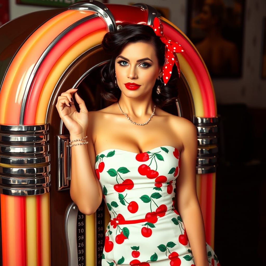 Rockabilly Pinup Girl Leans Against Vintage Jukebox in Style