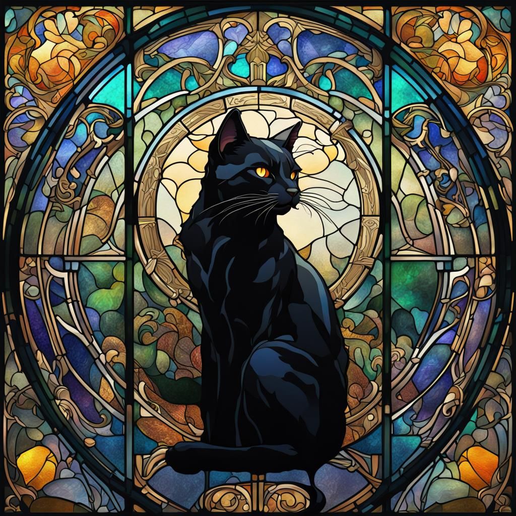 Art Nouveau Stained-Glass Black Cat Illustration
