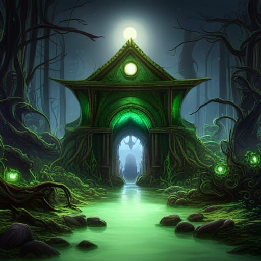 Swamp Temple Under Starry Sky: Fantasy Concept Art