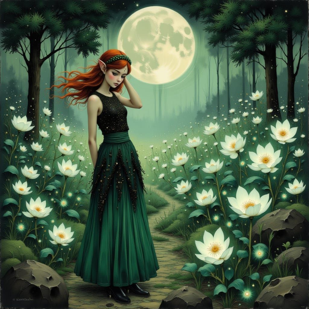 Elf Tends Enchanted Garden in Watercolor Style