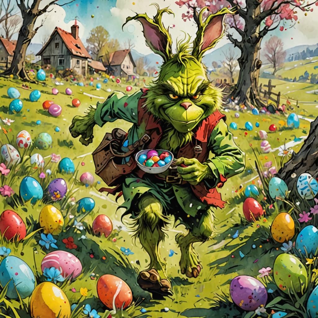 Grinch Steals Easter Eggs: Whimsical Storybook Illustration