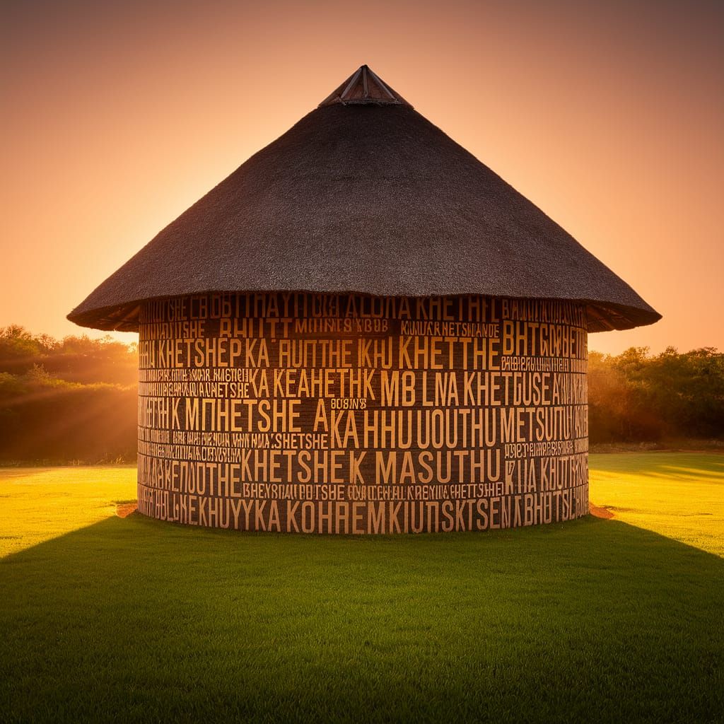 Surreal Sunset Hut Made from Words in Whimsical African Styl...