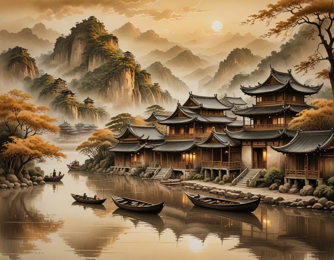 Sepia Asian Landscape Painting with Misty Mountains