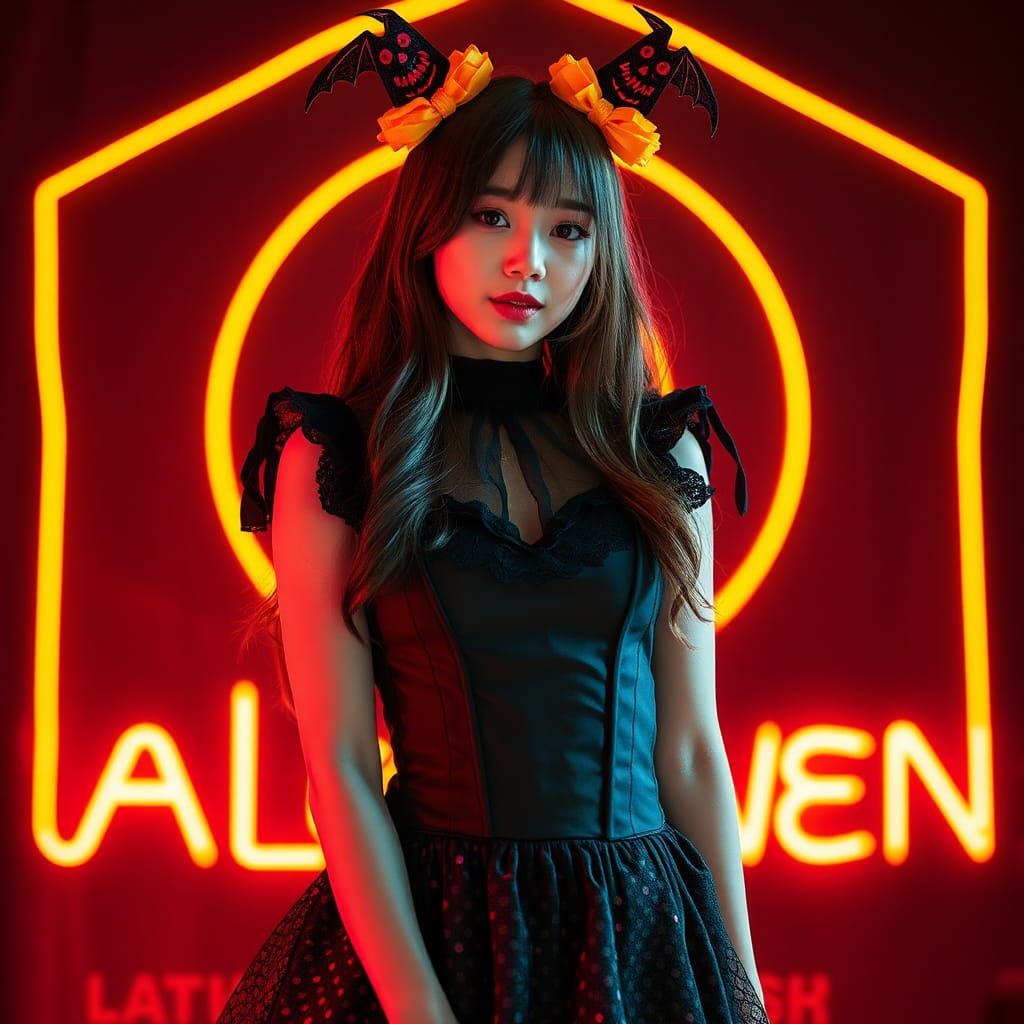 K-Pop Halloween Girl Portrait with Neon Lights