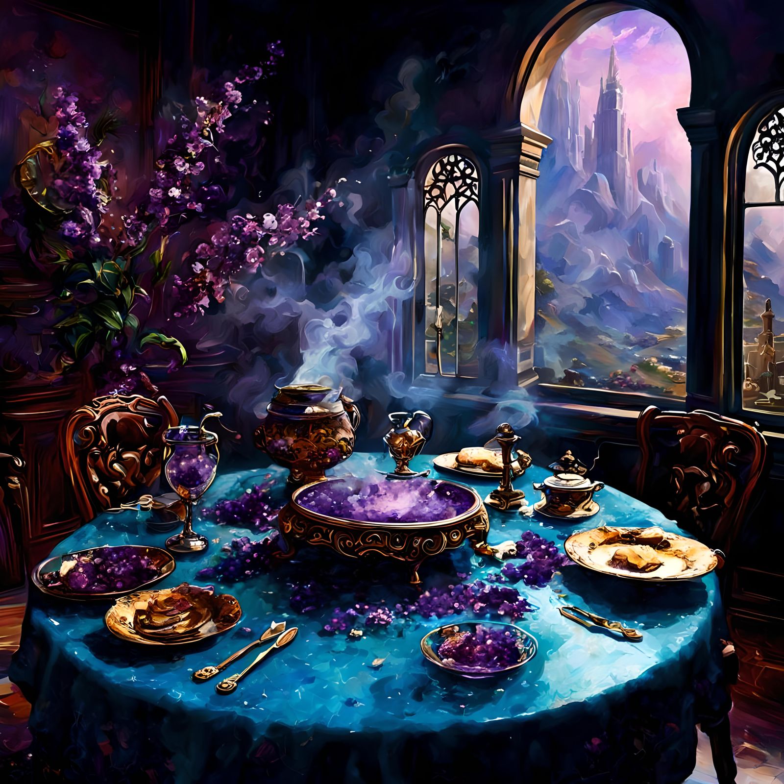 Amethyst Crystals and Incense in Surrealist Style