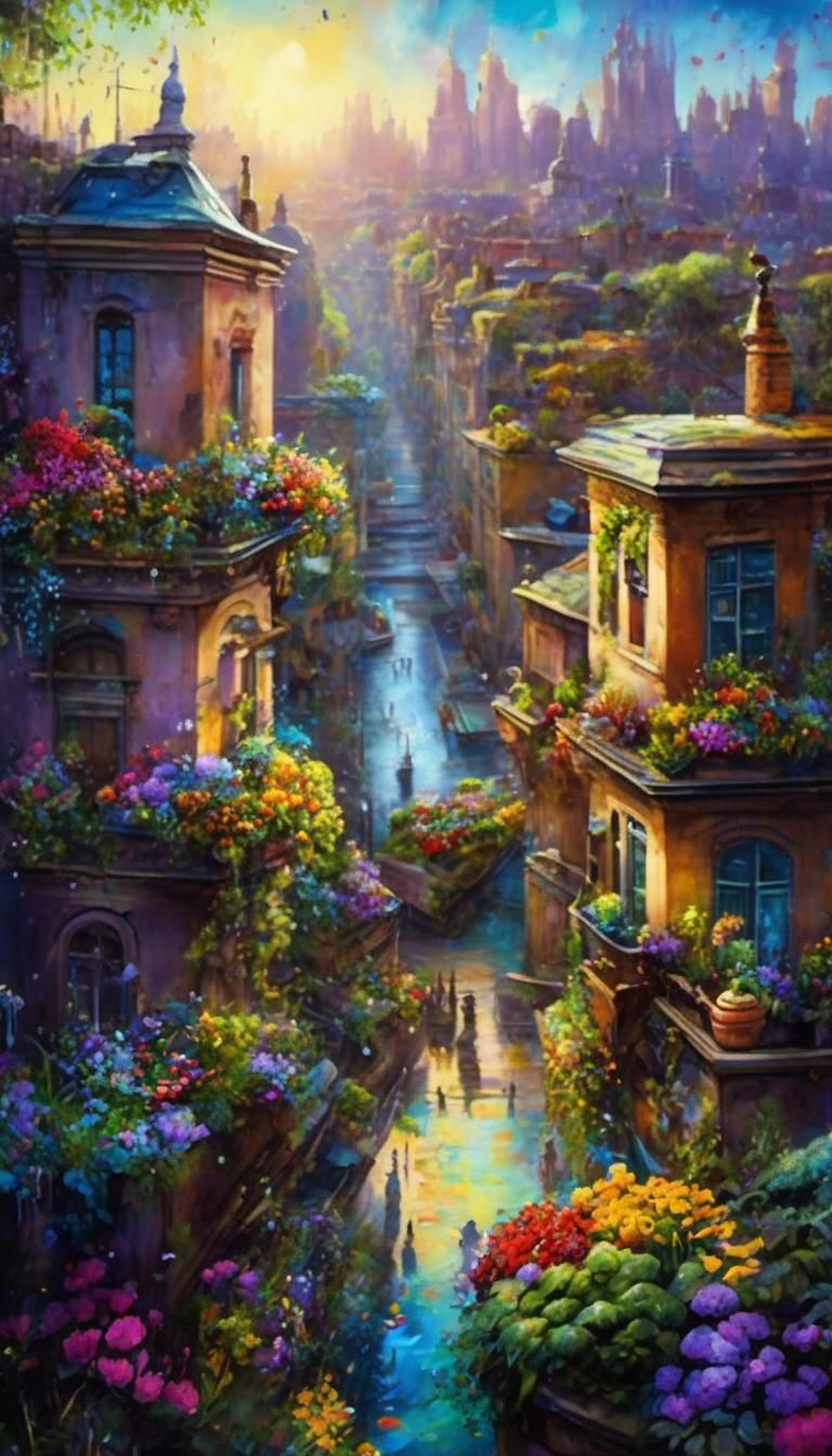 Lush Rooftop Garden in Watercolor Street Art Style