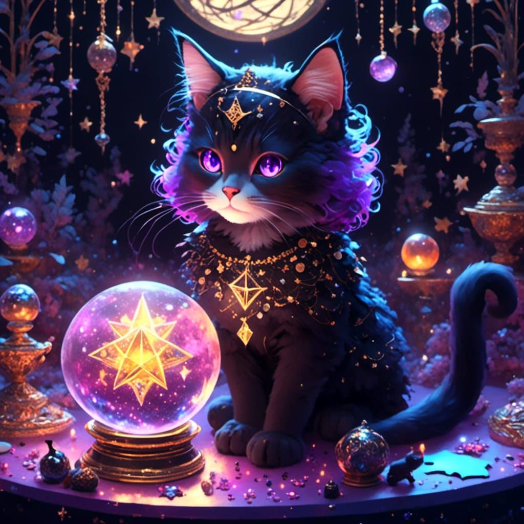 Witchy Black Cat Playing with Magic, Holographic Illustratio...
