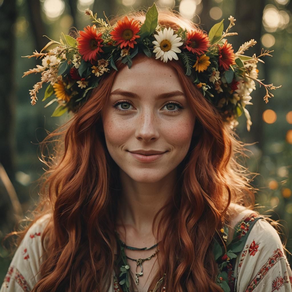 Red-Haired Girl with Flower Wreath in Hippie Style