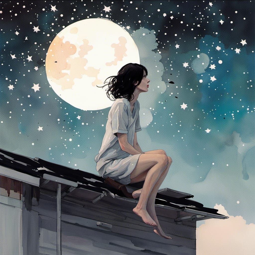 Woman Gazing at Starry Night Sky in Watercolor