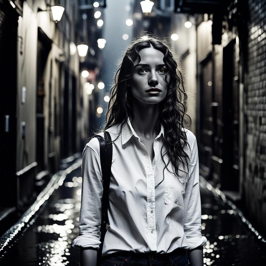 Hippie Girl in Rainy City Alley: Black and White Photography