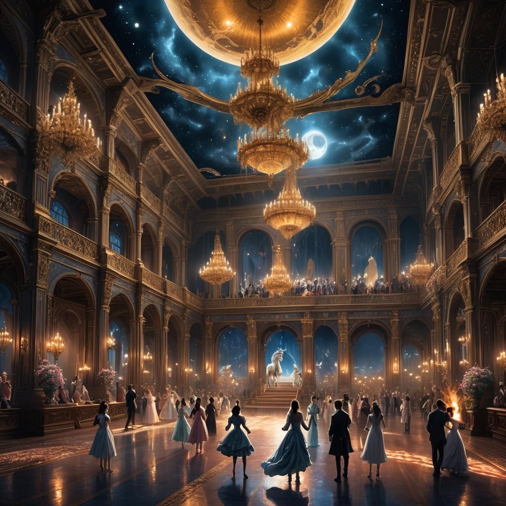 Moonlit Ballroom with Unicorn, Detailed Matte Painting