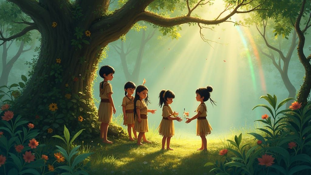 Enchanting Rainforest Gathering in Whimsical Artistic Style