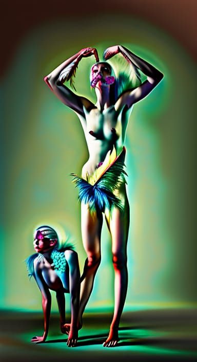 Surreal Feather-Covered Figures in Hyperrealistic Style