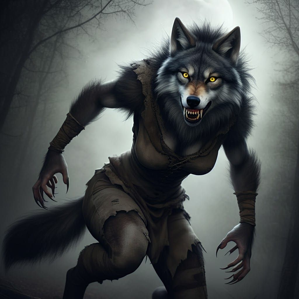 Hyperrealistic Female Werewolf Transformation in Misty Fores...