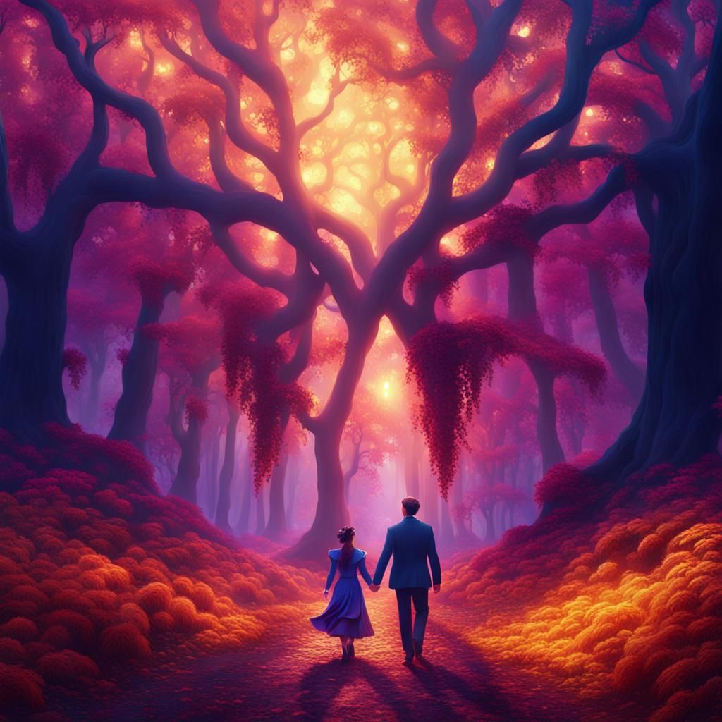 Couple Walks Hand in Hand in an Enchanting Fantasy Realm