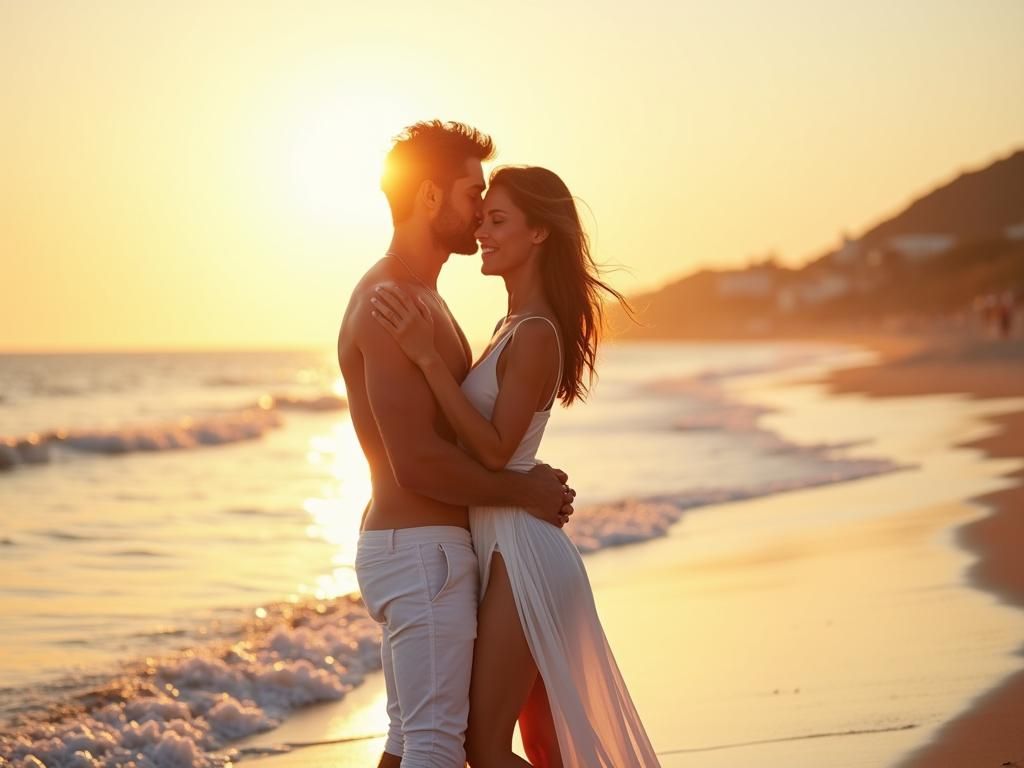 Romantic Couple Embracing on Beach at Sunset