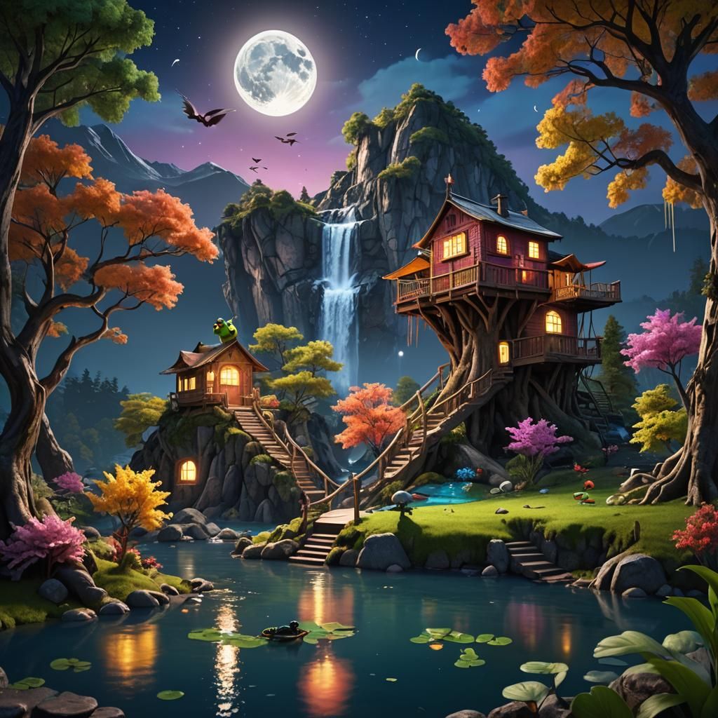Fantasy Treehouse at Night, Digital Matte Painting