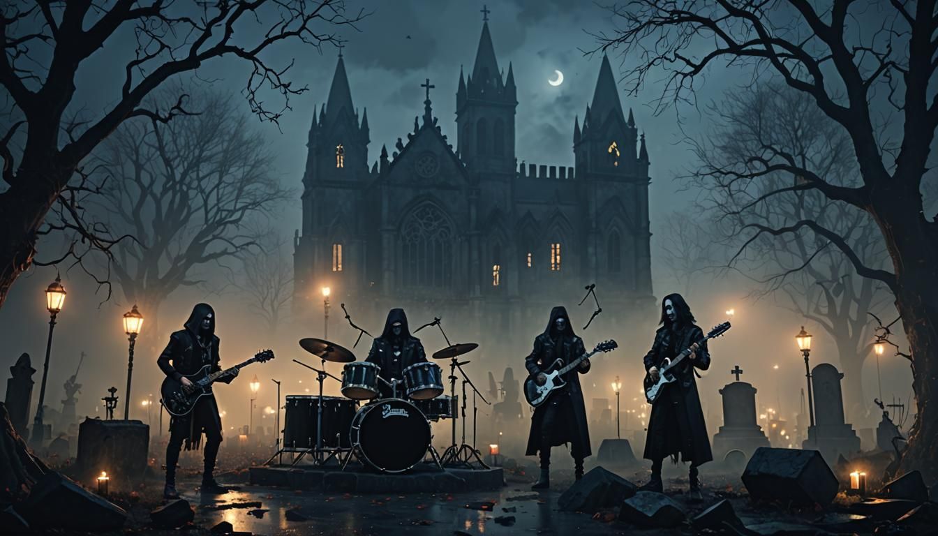 Goth Band Plays Foggy Graveyard: Detailed Matte Painting