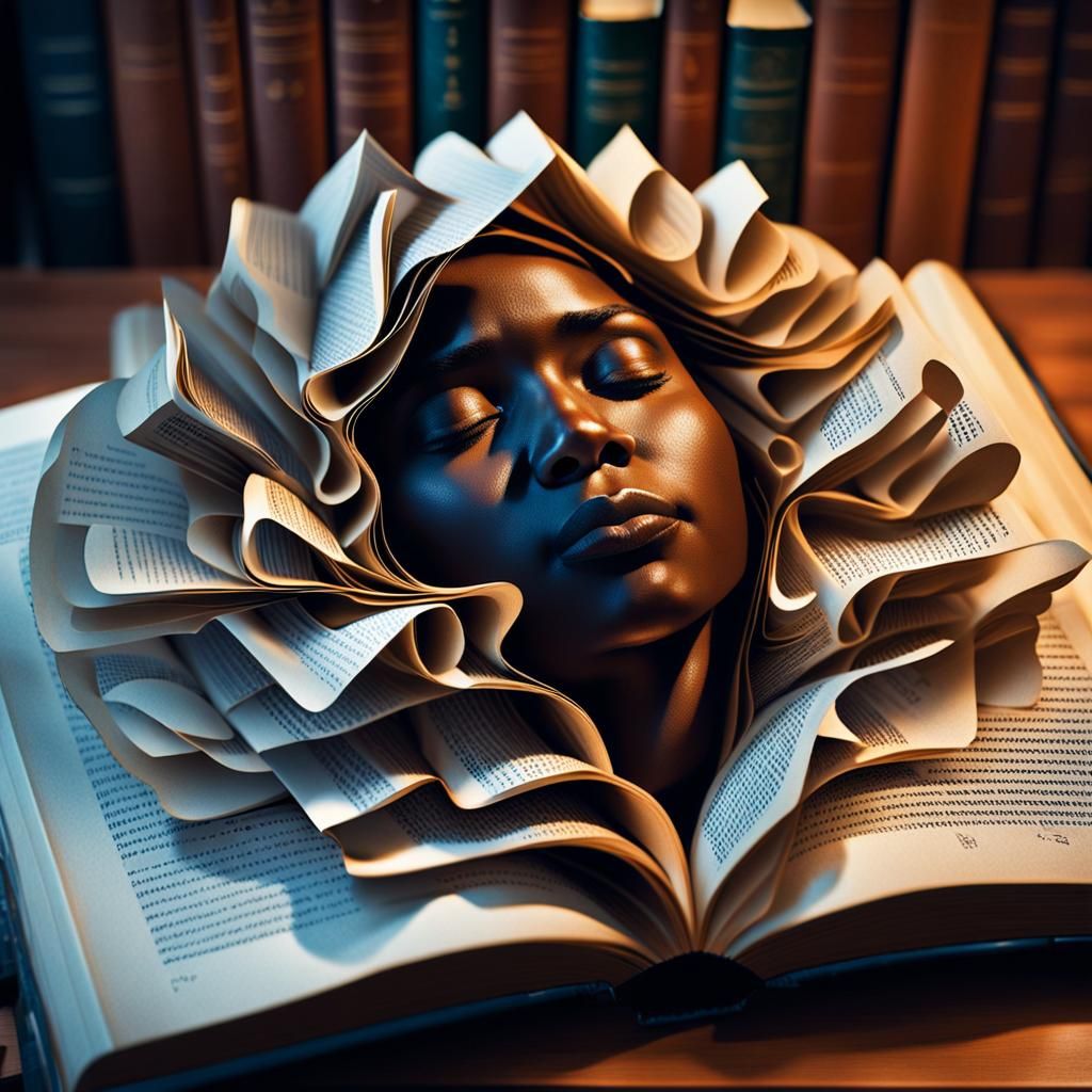 Hispanic Face Emerges from Book in Surreal Style