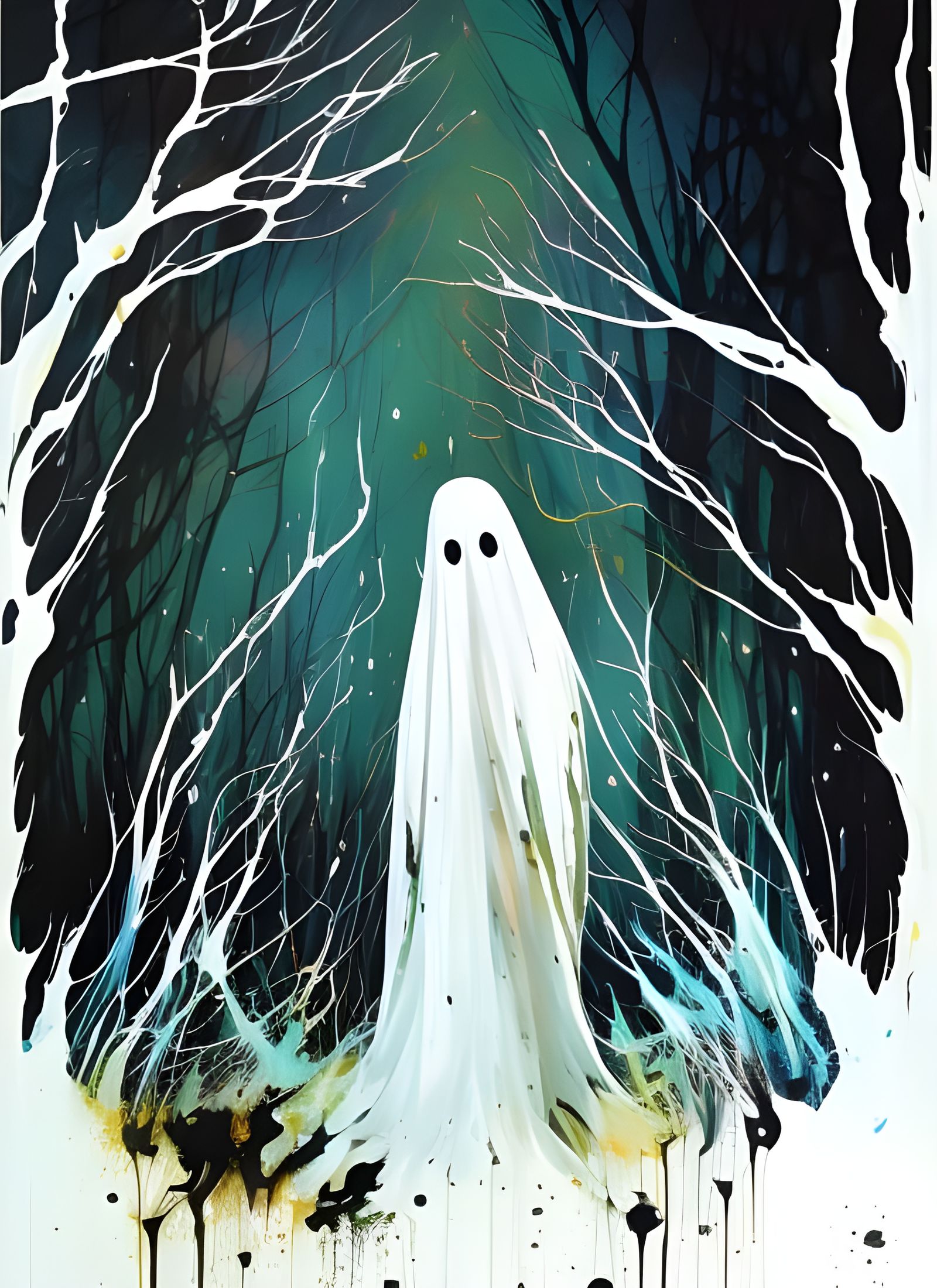 Eerie Ghost Ablaze in Dark Forest: Horror Art