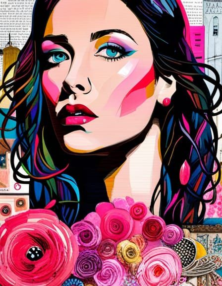 Intricate Collage of Brunette with Impasto Brushstrokes