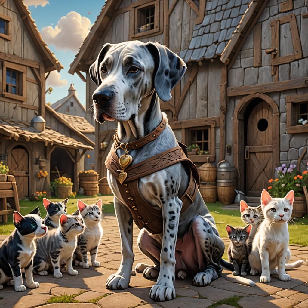 Medieval Great Dane with Kittens: 3D Digital Art