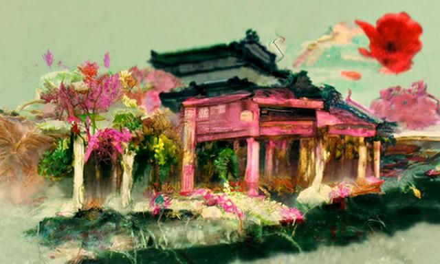 Oriental Pavilion with Red Trees in Ink Wash Style