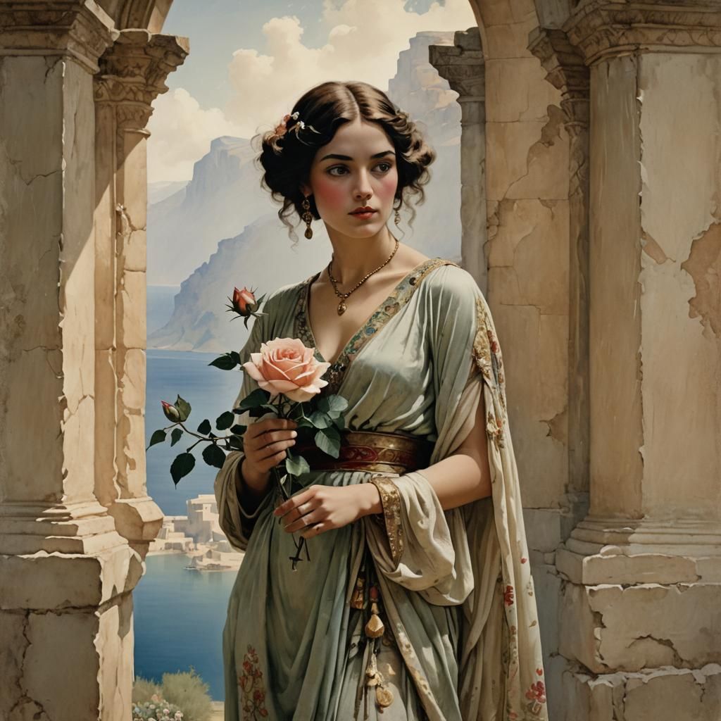 Woman with Rose in Watercolor Style