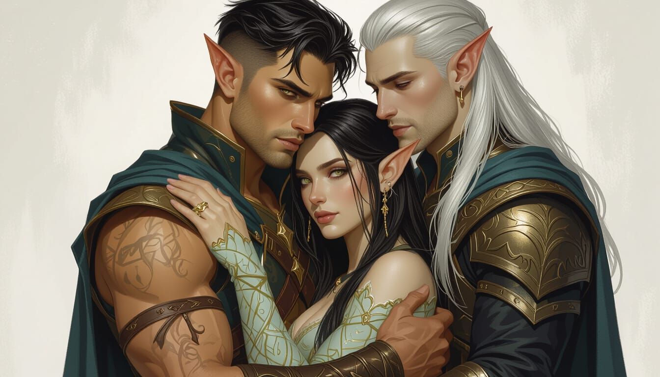 Dragon, Elf, and Male Trio in Fantasy Art Style