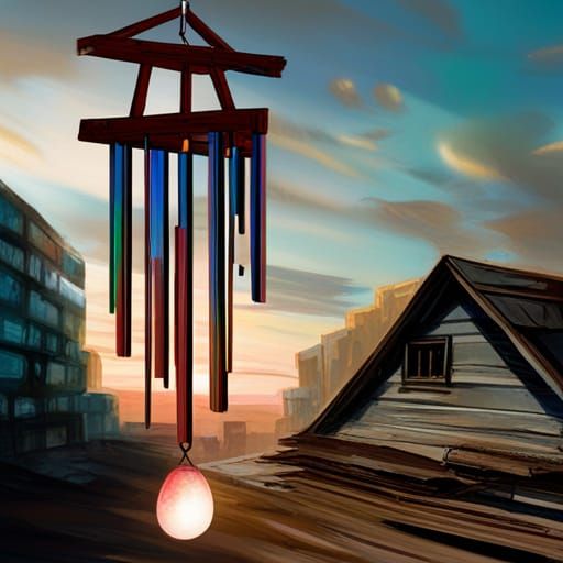 Post-Apocalyptic Sunset: Wind Chimes in Graffiti Art Style