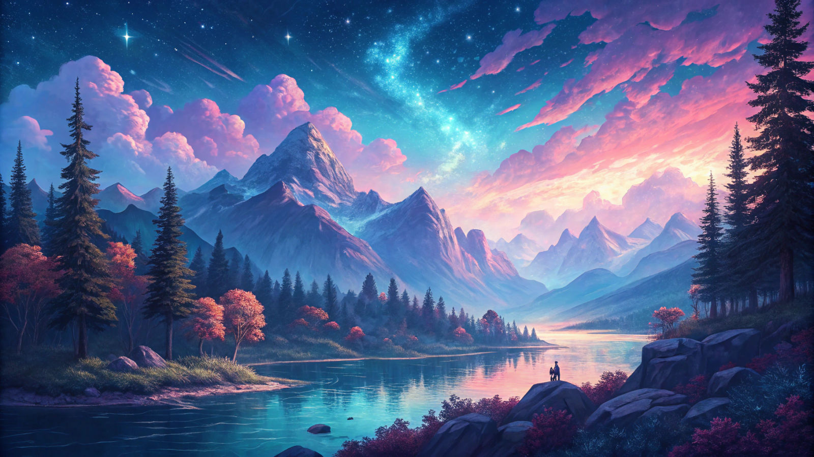 Enchanting Landscape with Shimmering Lake, Atmospheric Art